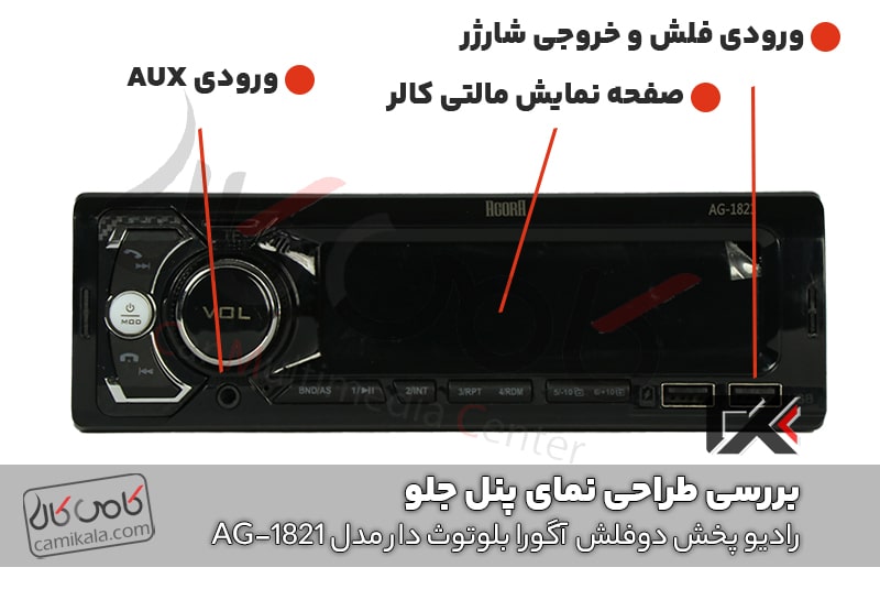 ظاهر پنل جلو و بررسی امکانات بررسی رادیو پخش بلوتوث دار آگوار مدل car mp3 player agora ag-1821