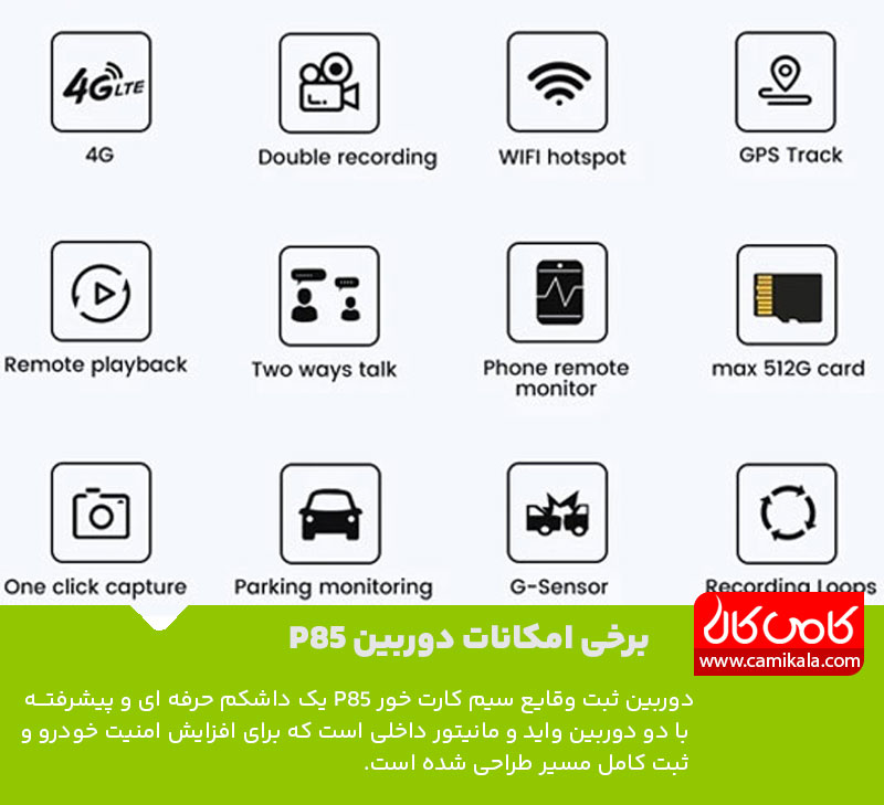 ویژگی های دوربین ثبت وقایع کارفلیکس سیم کارت خور P85 دو دوربین 2K